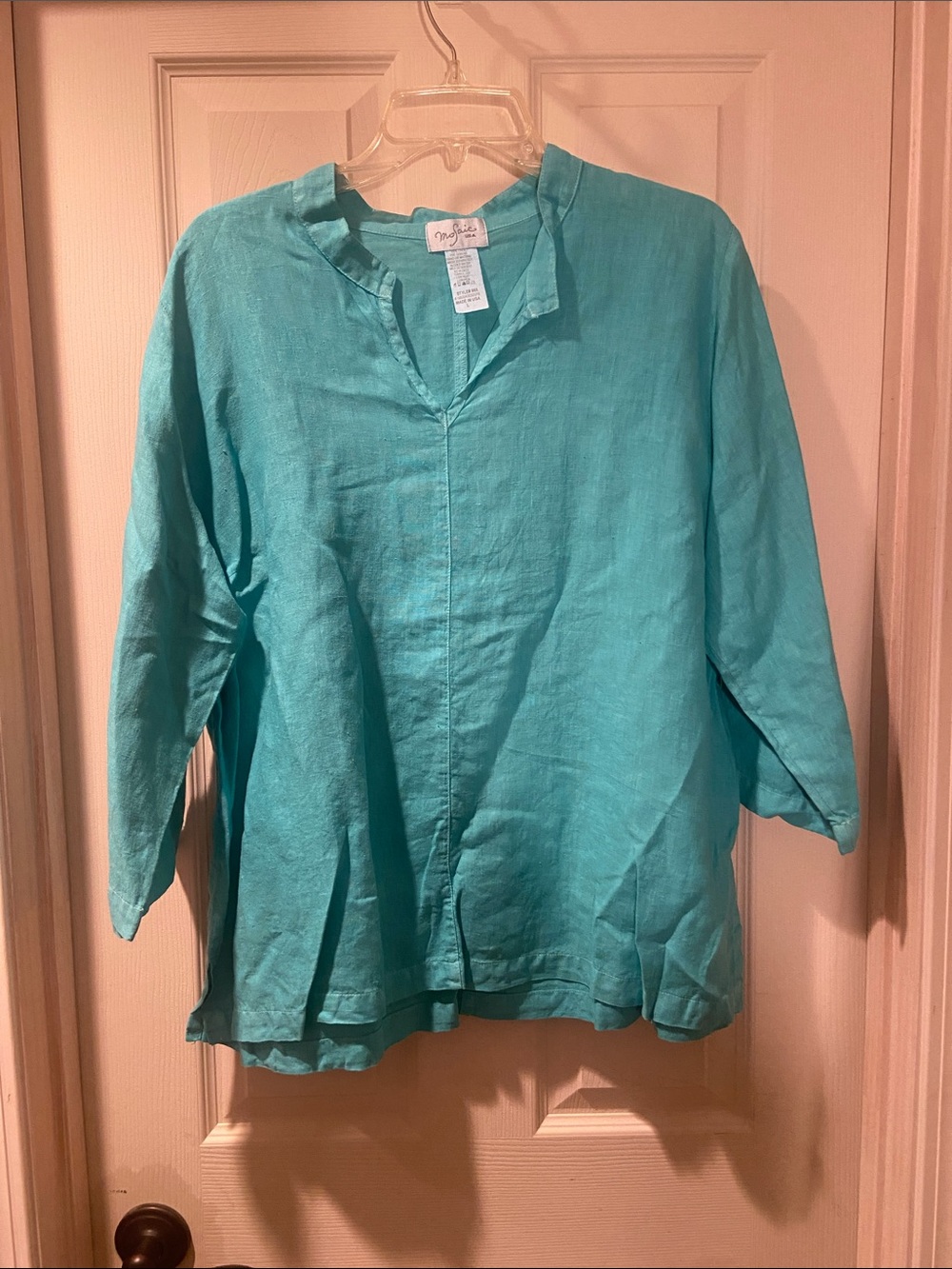Mosaic Teal Linen-V-Neck Tunic